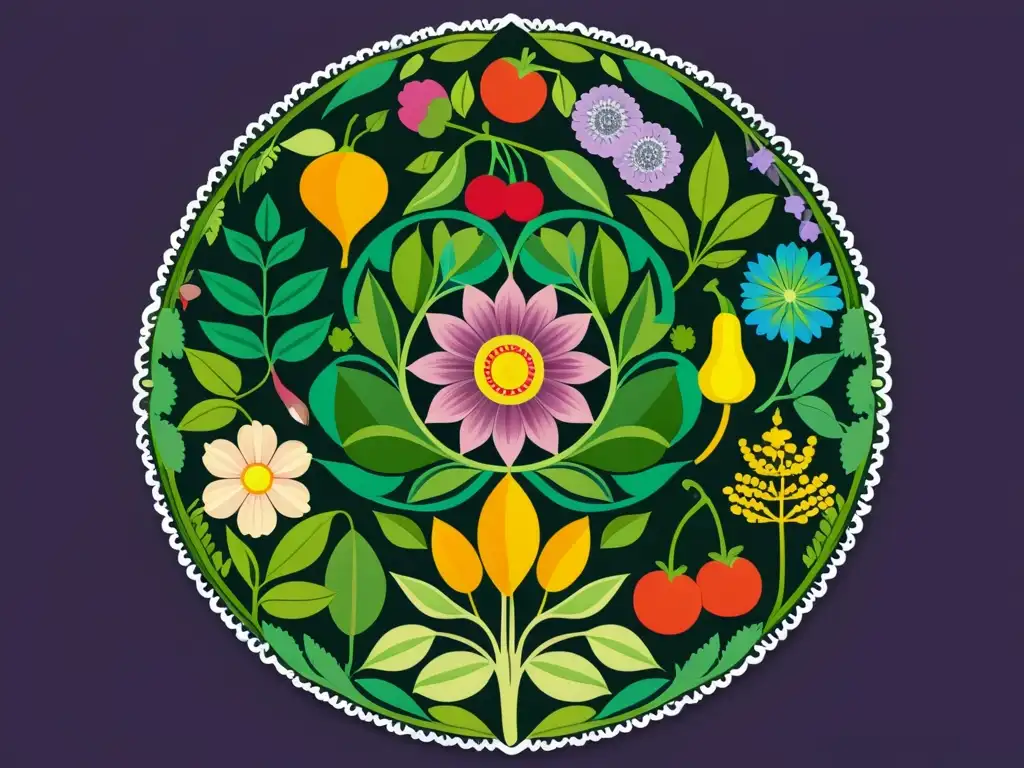 Una ilustración vibrante y detallada de una diversa variedad de especies vegetales, formando un mandala botánico circular