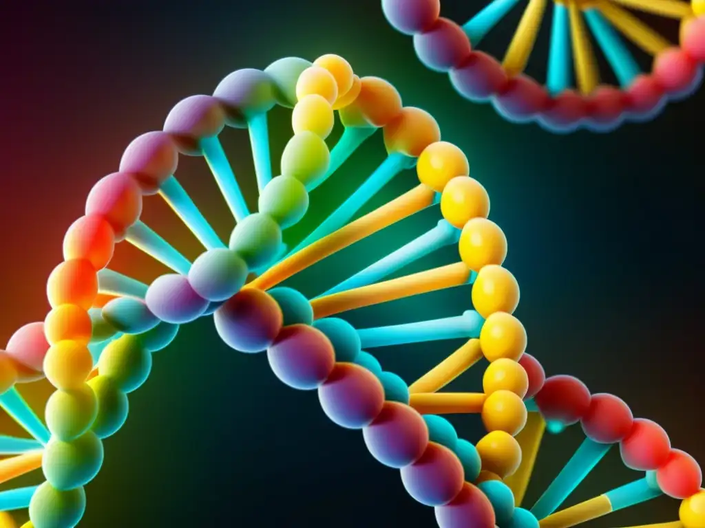 Una representación vibrante y detallada de la estructura de doble hélice del ADN, con colores brillantes que representan las bases nucleótidas