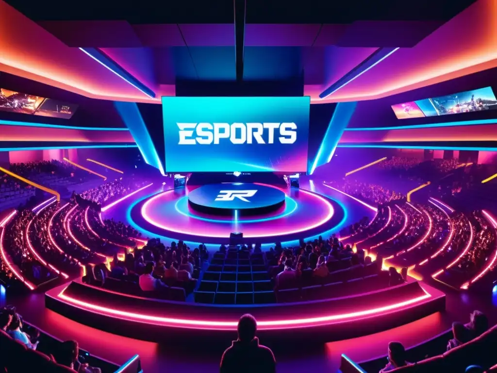 Vibrante ilustración digital de una arena futurista de esports con tecnología de vanguardia y una atmósfera electrificante