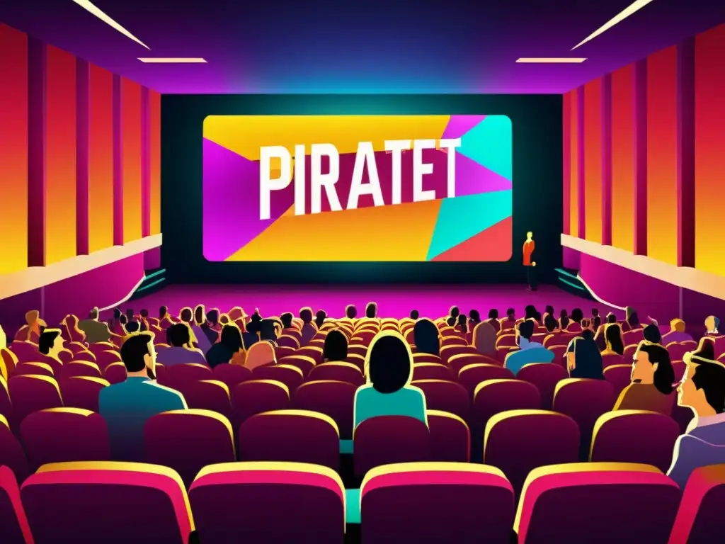 Vibrante ilustración digital de un cine con pantalla pirata y público