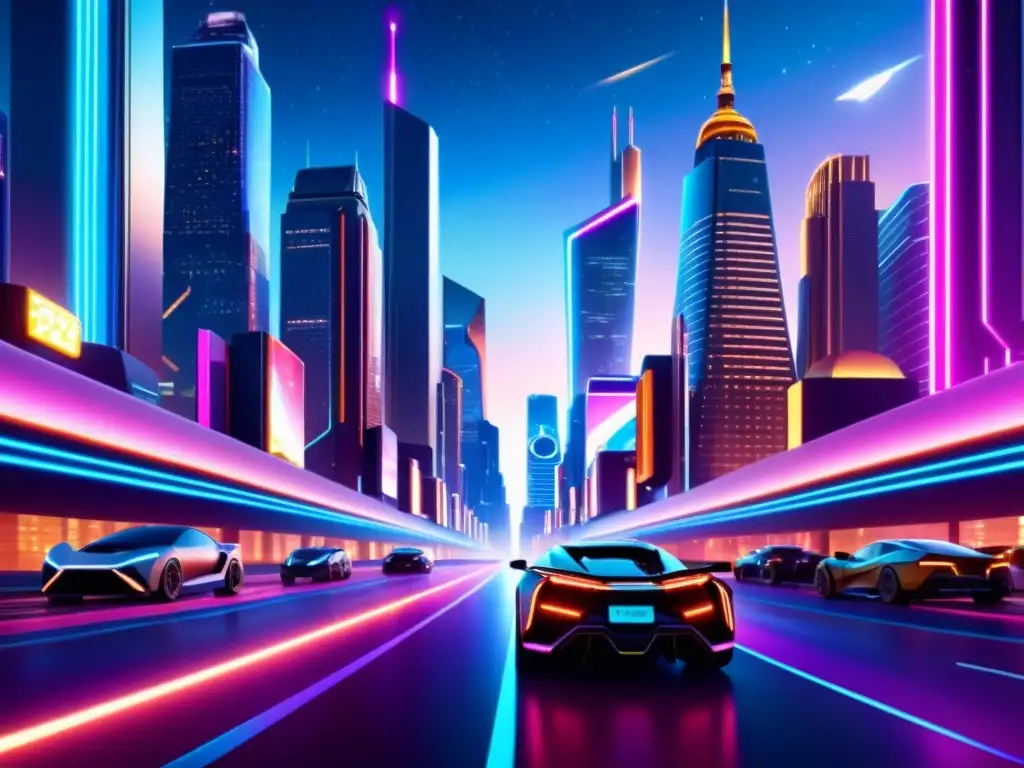 Vibrante animación digital de una ciudad futurista en 8k, con luces neón y autos voladores
