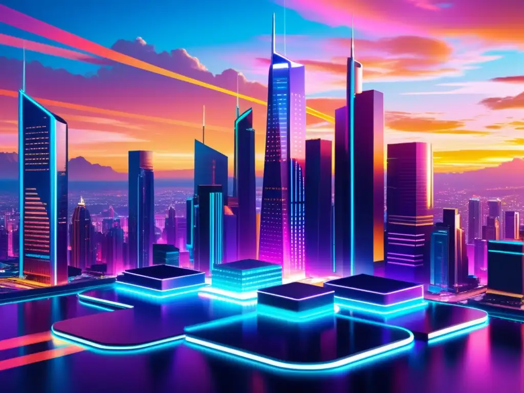 Vibrante ilustración digital de una ciudad futurista con rascacielos interconectados, luces neón y desarrolladores trabajando en tecnología punta