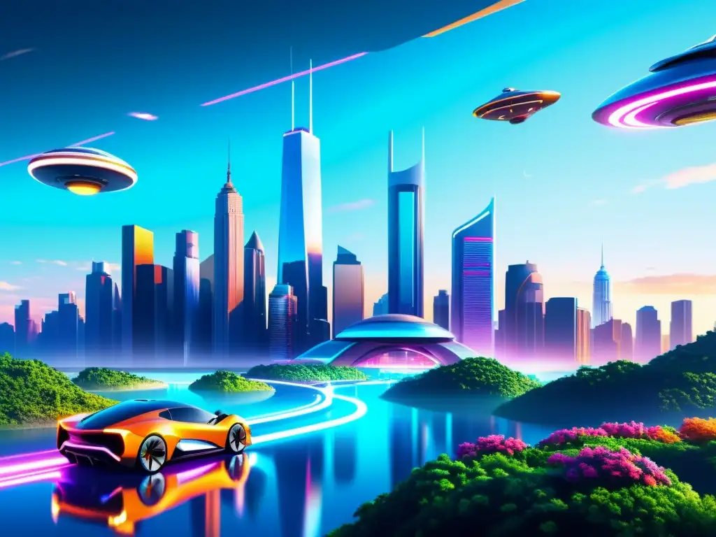 Vibrante ilustración digital de una ciudad futurista con rascacielos, automóviles voladores y paisajes exuberantes
