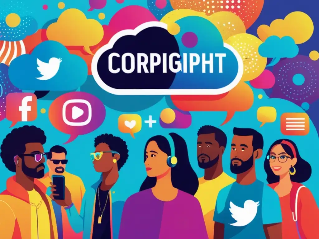 Vibrante ilustración digital sobre el desafío de derechos de autor en redes sociales