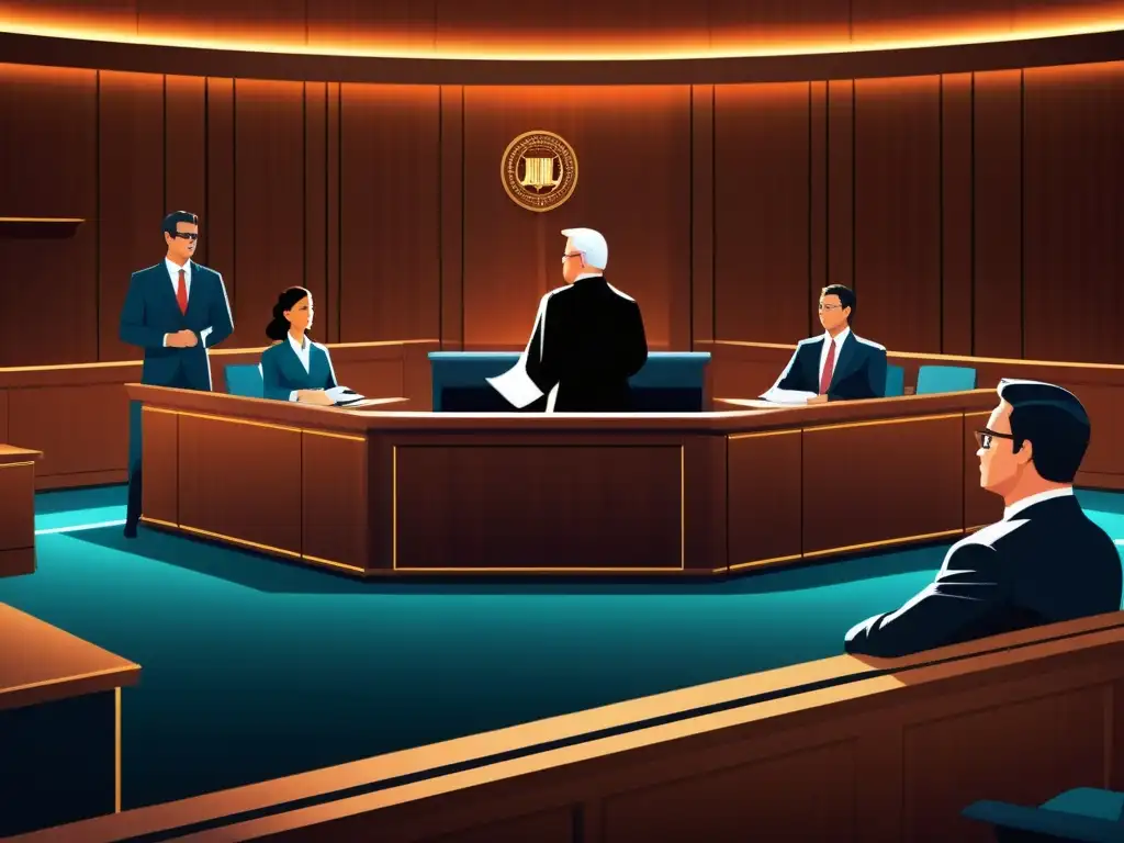 Vibrante ilustración digital de escena de tribunal con abogados representando a personajes ficticios, en un entorno moderno y futurista