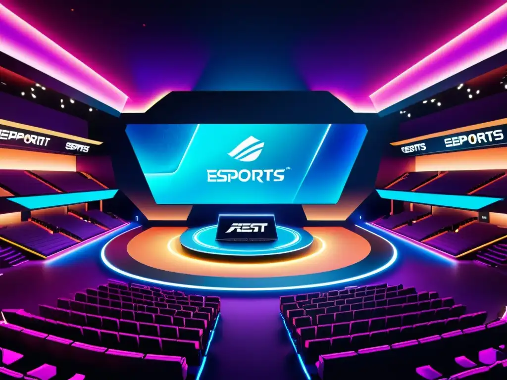 Vibrante ilustración digital de un futurista estadio de eSports, con arquitectura moderna y tecnología LED