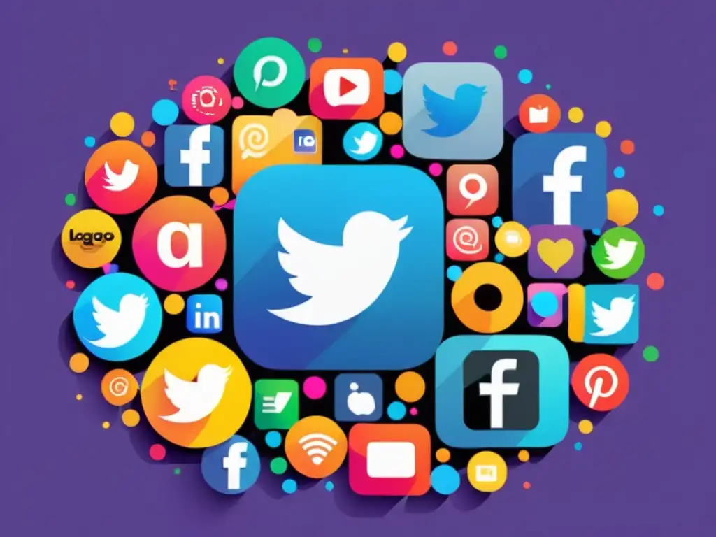 Vibrante ilustración digital de marcas en redes sociales con formas geométricas abstractas y logos de plataformas como Facebook, Instagram y Amazon