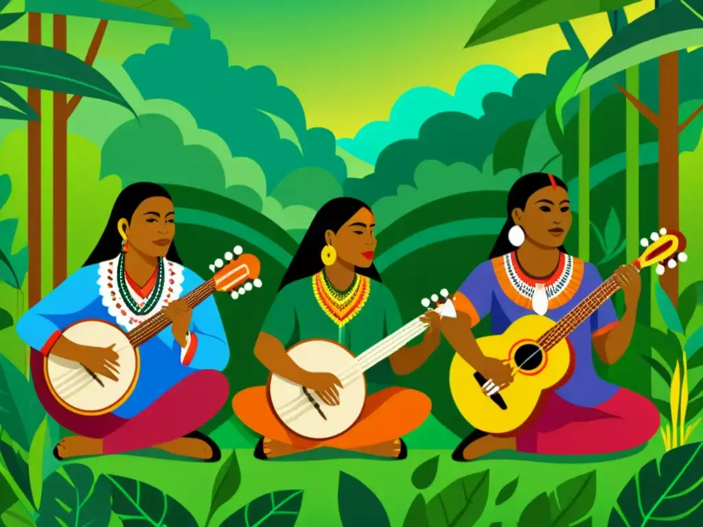 Vibrante ilustración digital de músicos indígenas en la selva