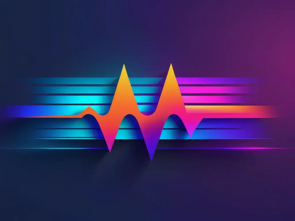 Vibrante visualización digital de una onda sonora con colores gradientes, emanando de un símbolo de marca