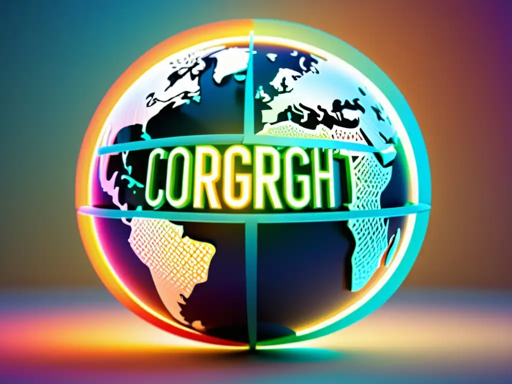 Vibrante ilustración digital de regulaciones internacionales de propiedad intelectual en el arte y los medios, con un globo terráqueo rodeado de símbolos de copyright y documentos legales