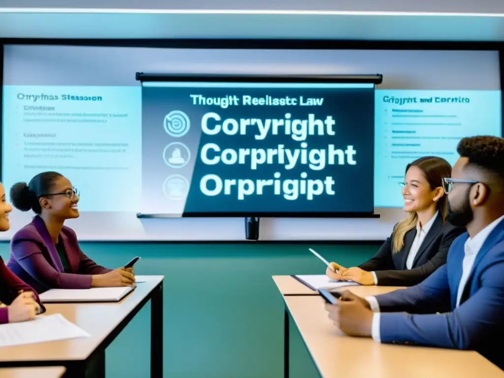 Clase dinámica sobre derechos de autor Vibrante discusión en aula sobre derechos de autor, promoviendo respeto en instituciones educativas