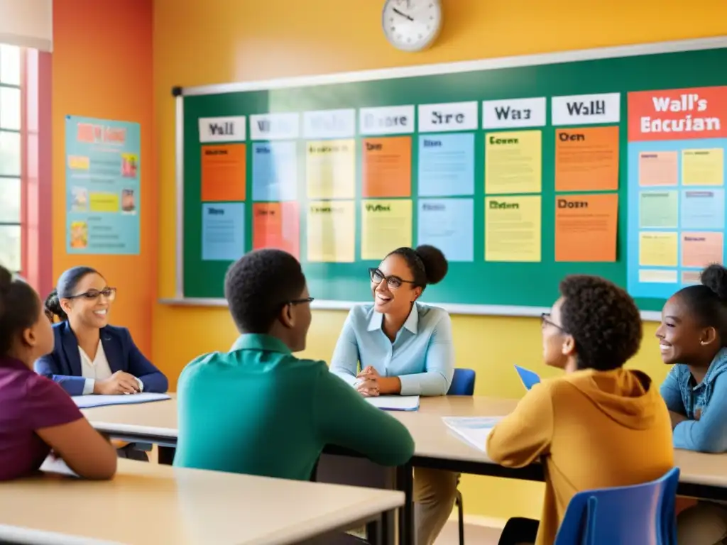 Vibrante discusión en aula con diversidad de estudiantes y profesor, creando ambiente acogedor para presentaciones educativas sobre derechos de autor