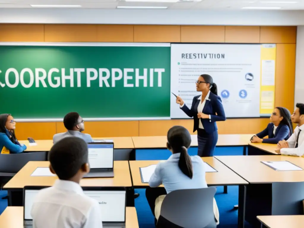 Vibrante discusión en clase sobre el respeto a la propiedad intelectual, con estudiantes participando activamente y profesor presentando diapositiva