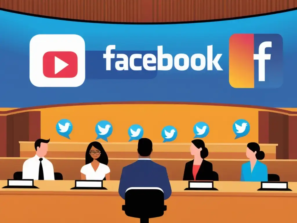 Un vibrante diseño de escena de tribunal con iconos de redes sociales integrados