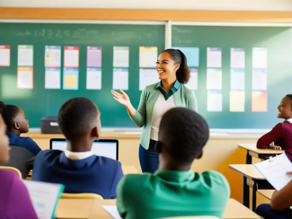 Vibrante discusión educativa en aula moderna con uso de materiales protegidos educación