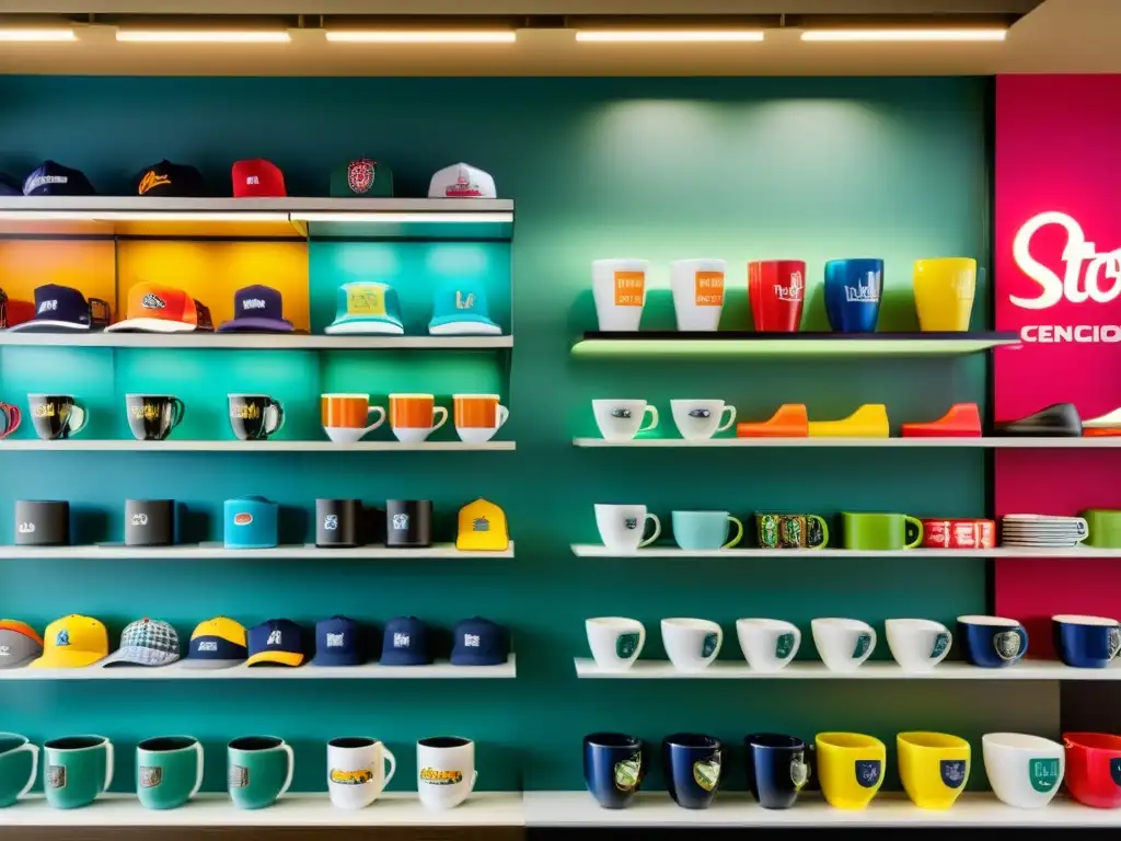 Vitrina vibrante con mercancía licenciada Vibrante escaparate de merchandising con productos licenciados y reflejo contemporáneo en la ventana, destacando la ley de derechos de autor