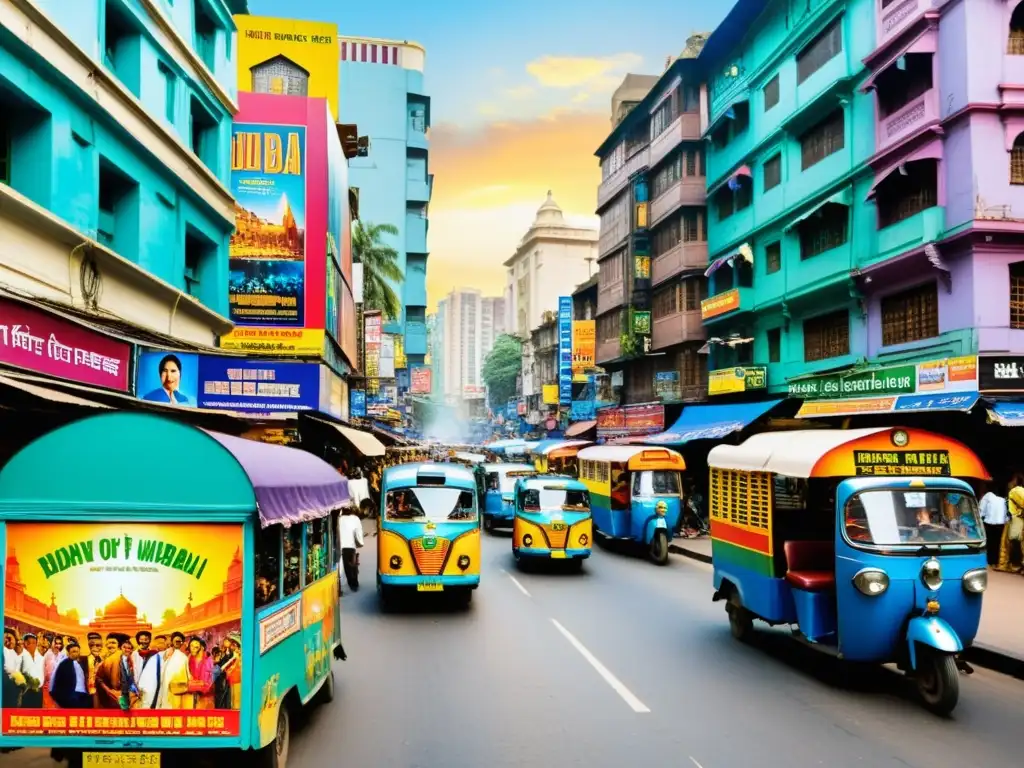Vibrante escena callejera de Mumbai con carteles de Bollywood, reflejando la protección de la propiedad intelectual en la industria del entretenimiento