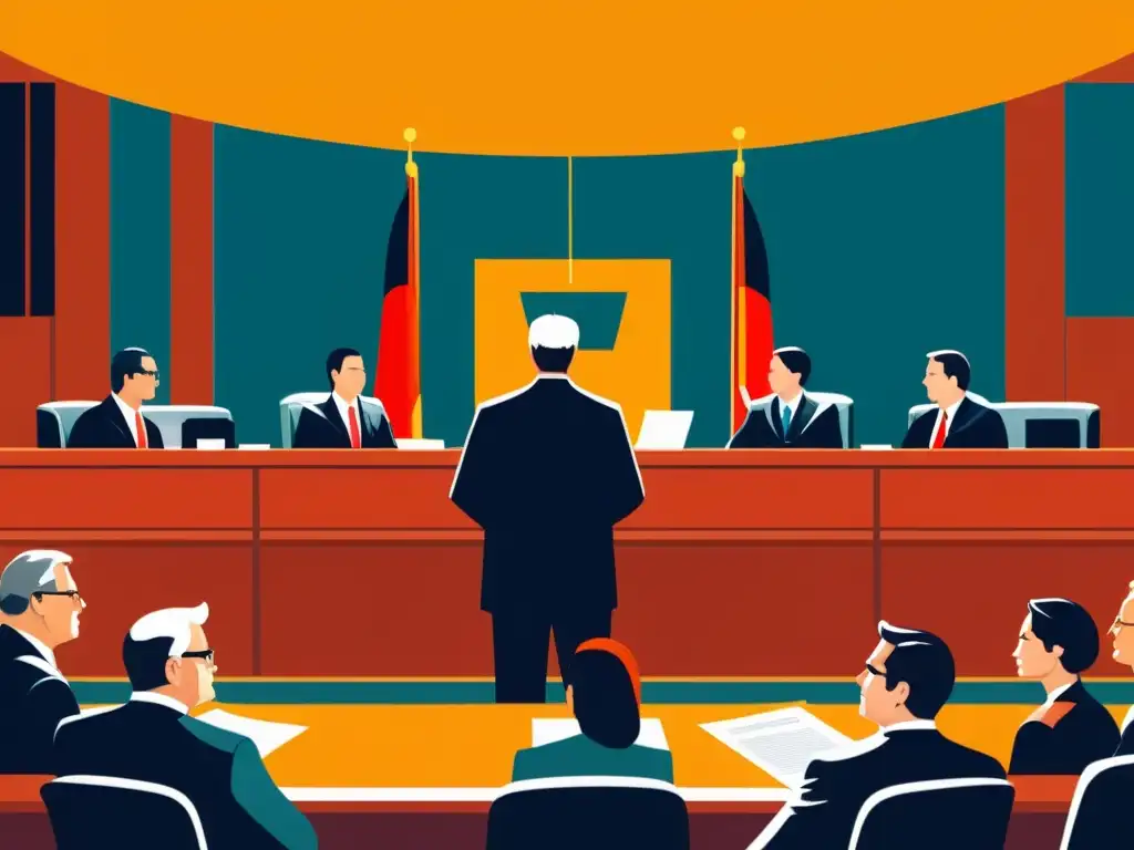 Vibrante ilustración de escena en la corte con abogados, juez y exposición de patentes