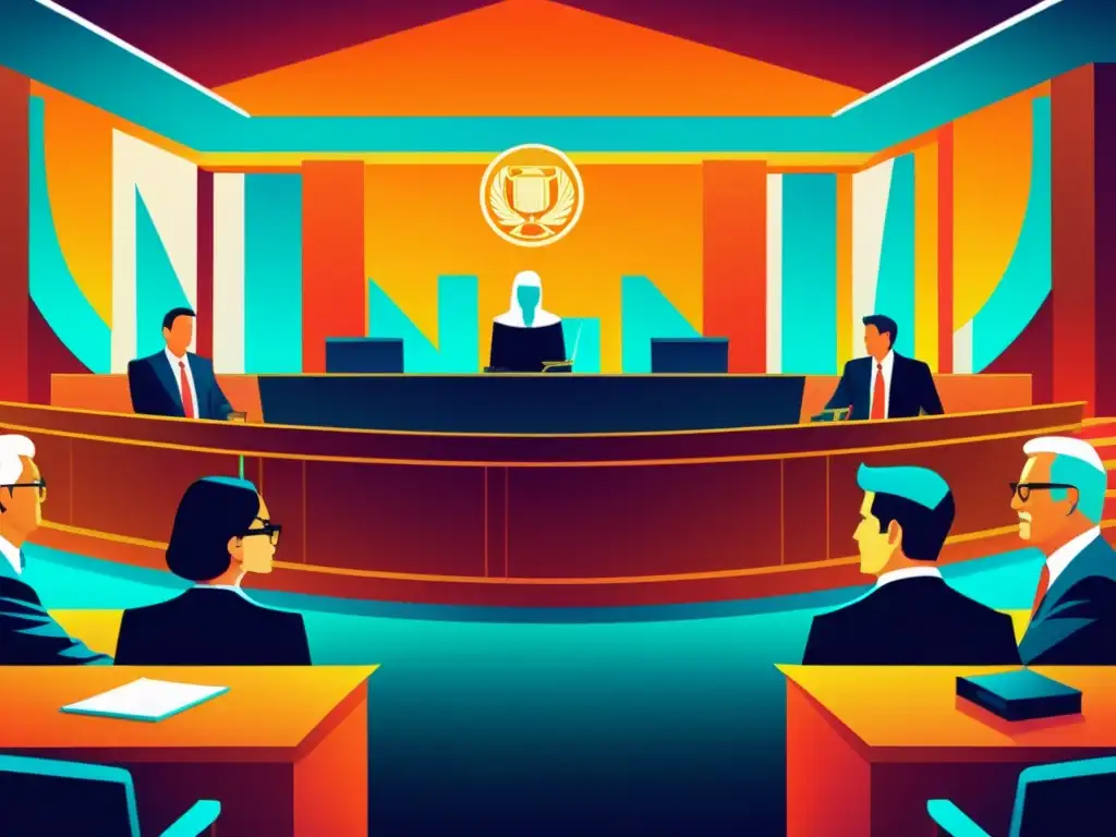 Vibrante escena de un juicio sobre protección marcas no tradicionales, con jueces y abogados debatiendo en un entorno moderno y futurista
