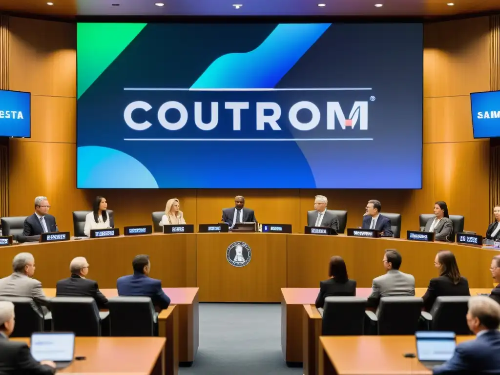 Vibrante escena de tribunal con marcas tecnológicas en debate
