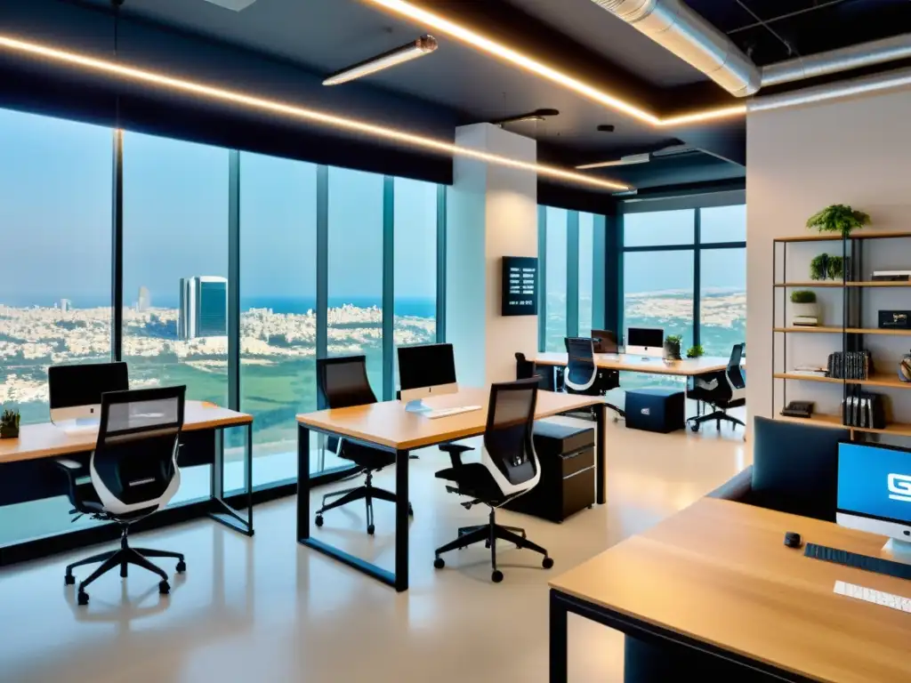 Vibrante espacio de oficinas en Israel con innovación tecnológica, colaboración creativa y ambiente dinámico