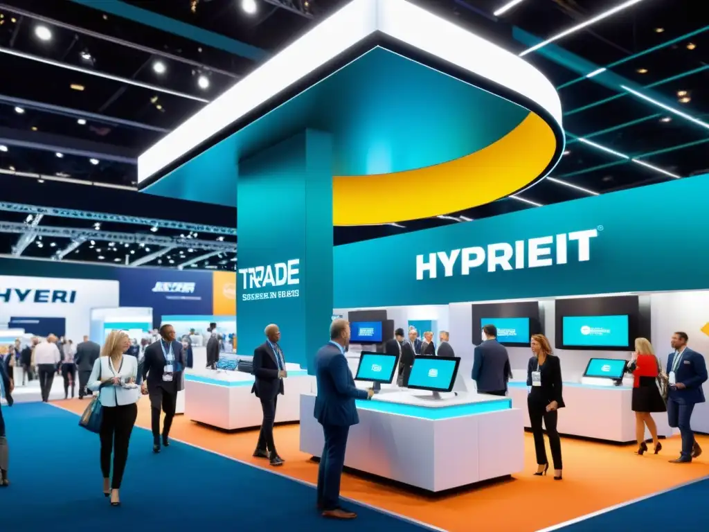 Vibrante feria comercial con innovadores productos y tecnologías, energía dinámica y diseño futurista