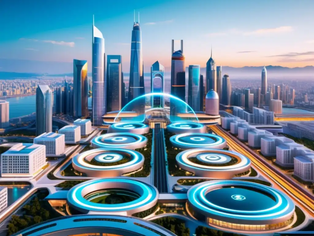 Un vibrante horizonte de ciudad futurista con hologramas de símbolos de copyright y diseños de patentes