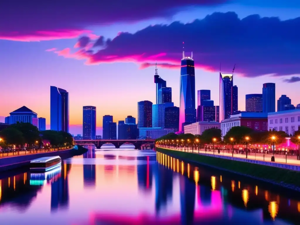 Vibrante horizonte urbano moderno al anochecer, con rascacielos iluminados y reflejados en un río tranquilo