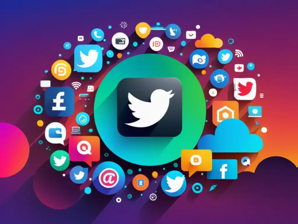 Vibrante imagen digital con íconos de redes sociales y plataformas de ecommerce, representando el uso de marcas en redes sociales en un entorno digital futurista