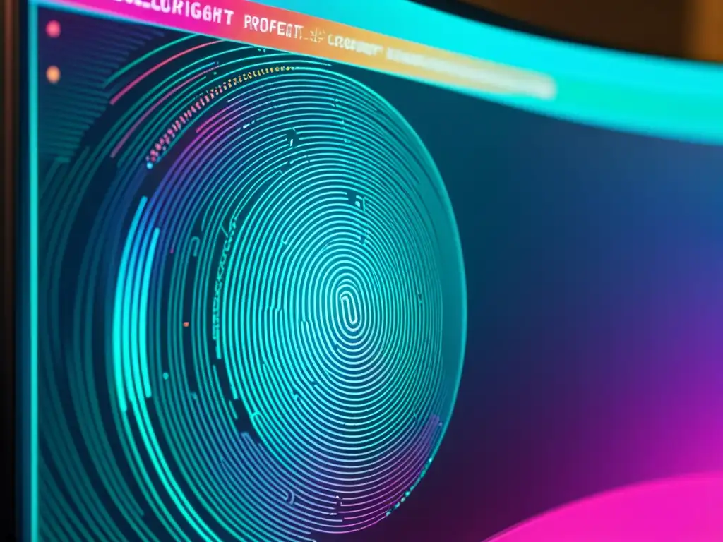 Vibrante imagen de pantalla de ordenador con código y símbolos holográficos, representando herramientas de detección de plagio en educación