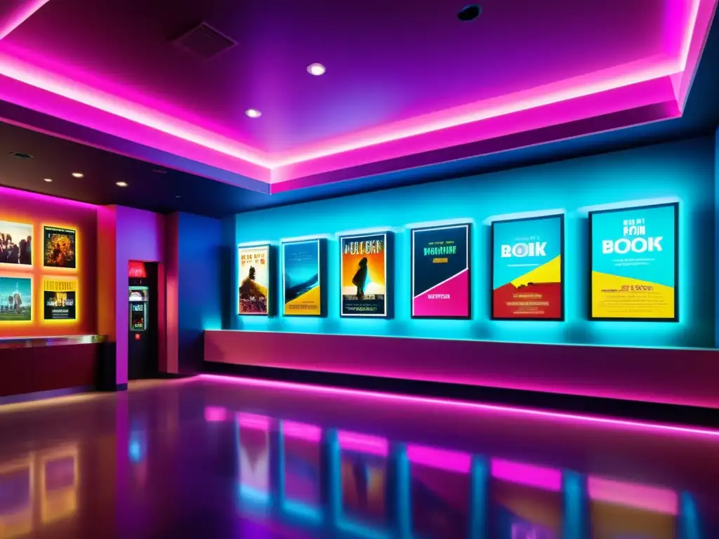 Vibrante lobby de cine moderno con adaptaciones fílmicas de libros