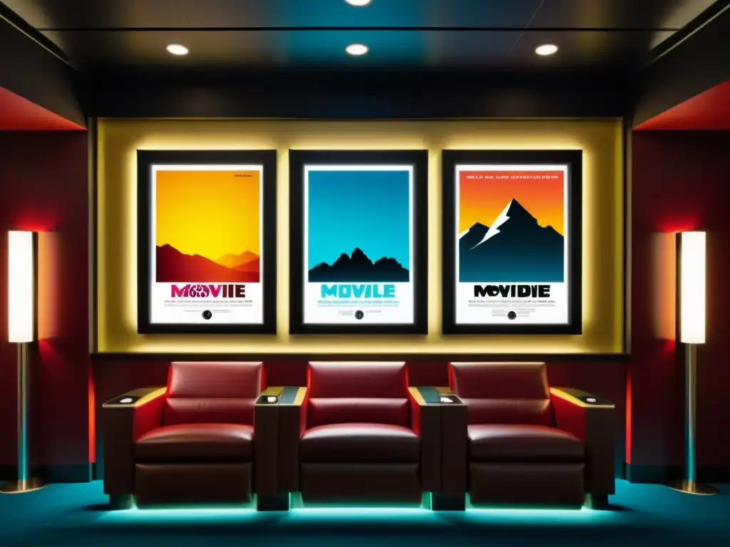 Vibrante lobby de cine con posters iluminados, reflejando la diversidad del cine