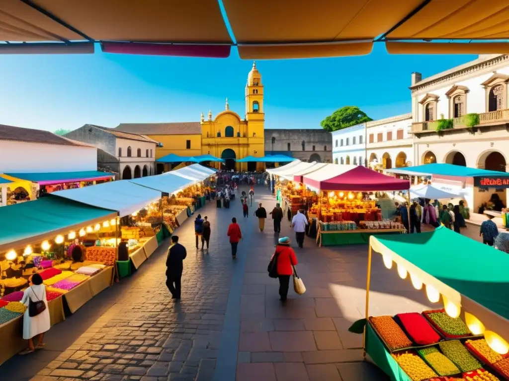 Un vibrante mercado cultural con artesanías coloridas y vendedores locales, fusionando herencia tradicional y actividad económica moderna