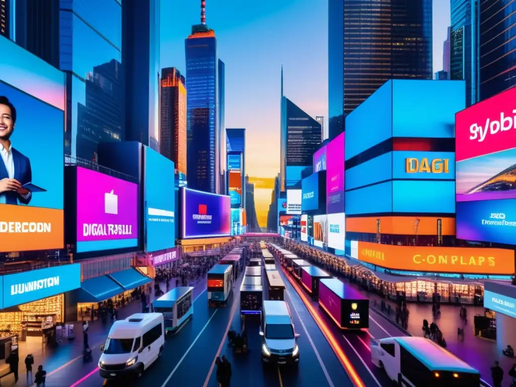 Vibrante mercado digital con dispositivos y pantallas, rodeado de rascacielos y edificios históricos iluminados por luces de neón