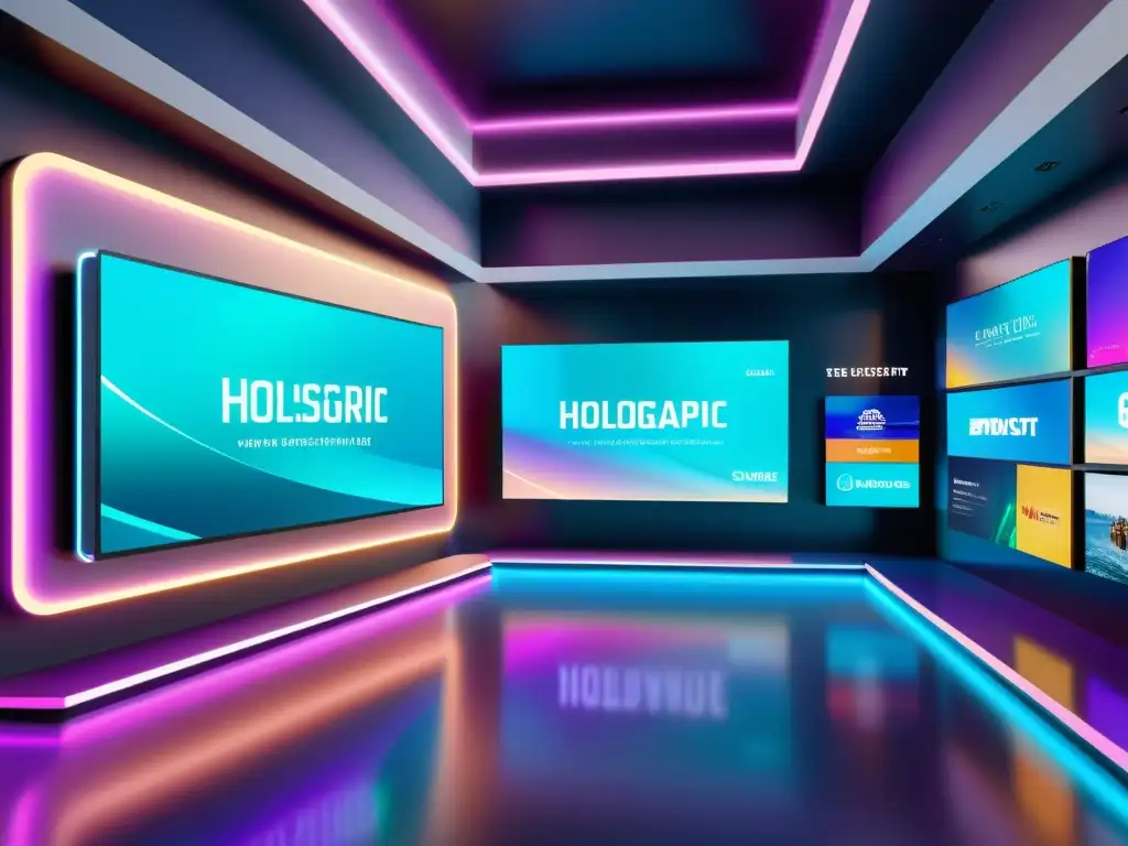 Vibrante mercado digital futurista con hologramas y arquitectura moderna, capturando la innovación y las tendencias de marca en el ecommerce