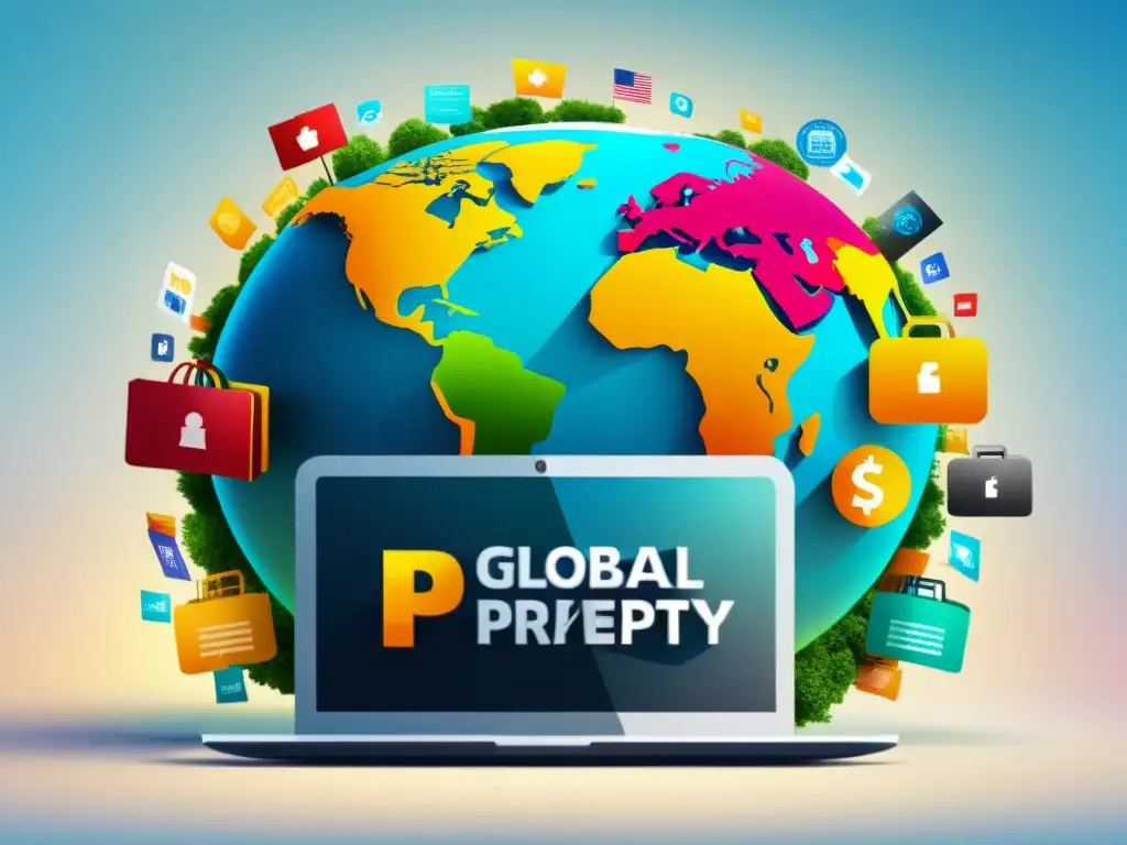 Vibrante mercado digital global con intercambio de productos y servicios, desafíos de propiedad intelectual en comercio electrónico internacional