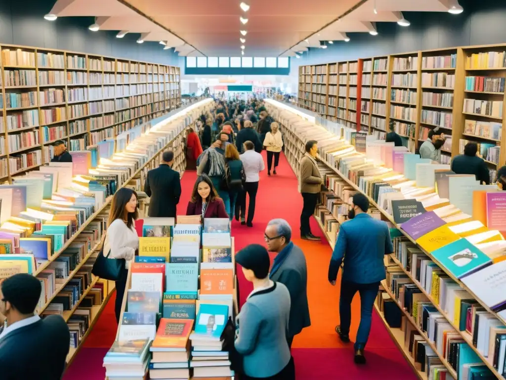 Un vibrante mercado de libros con editores y autores exhibiendo compilaciones y antologías