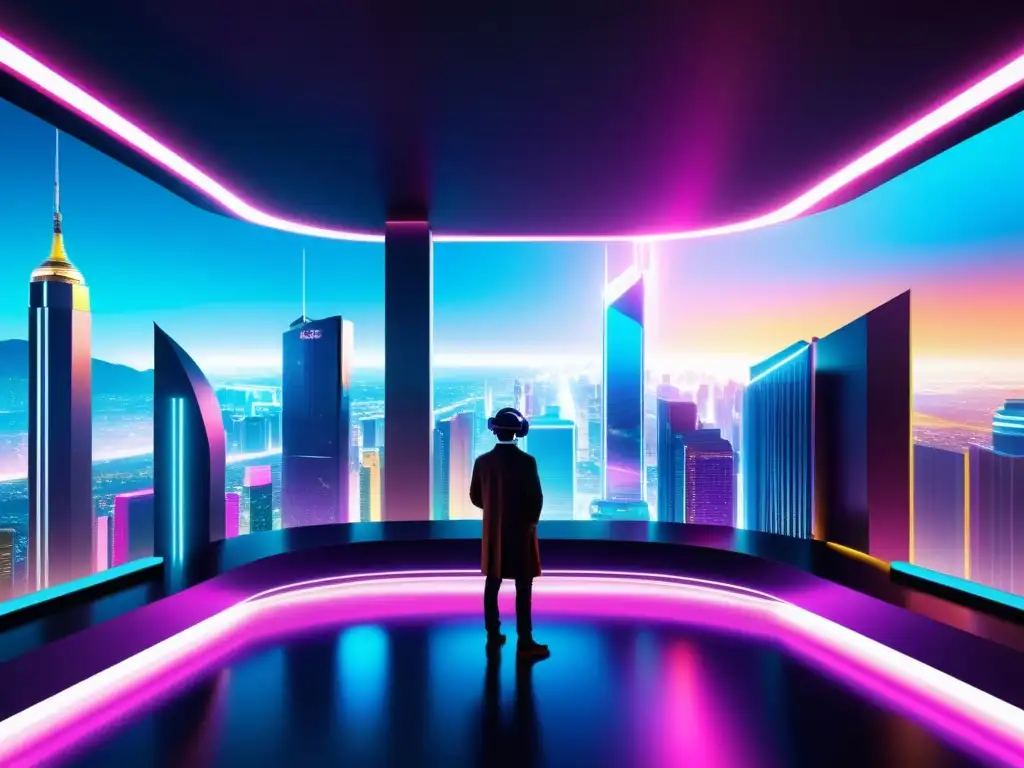 Vibrante metaverso con rascacielos y luces neón, reflejando la propiedad intelectual en entornos virtuales