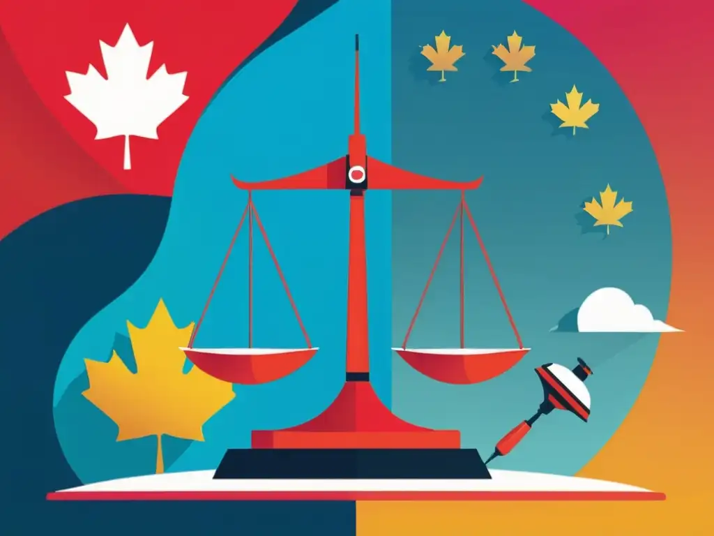 Una ilustración vibrante y moderna de una balanza con símbolos canadienses de un lado y símbolos de la industria creativa del otro, simbolizando el equilibrio entre la ley de patentes y derechos de autor en Canadá