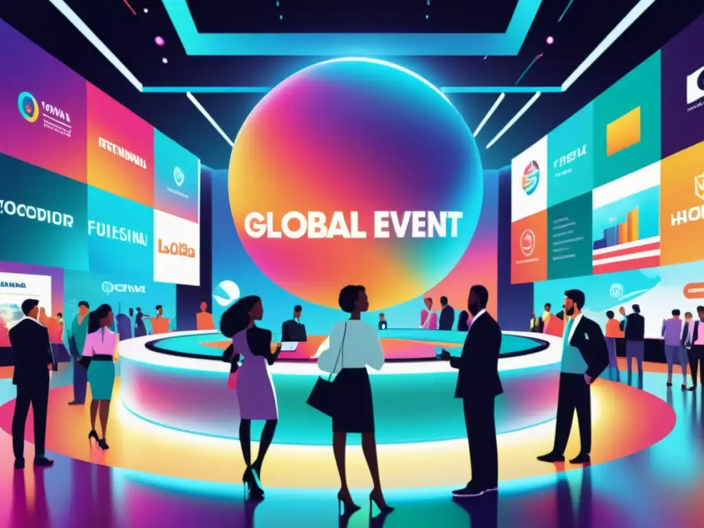 Una ilustración vibrante y moderna de un evento global con marcas internacionales en hologramas futuristas