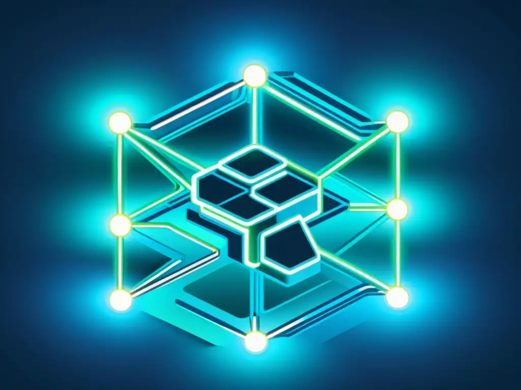 Un ilustración vibrante y moderna de una red blockchain, con nodos interconectados y bloques de datos, en tonos azules y neón