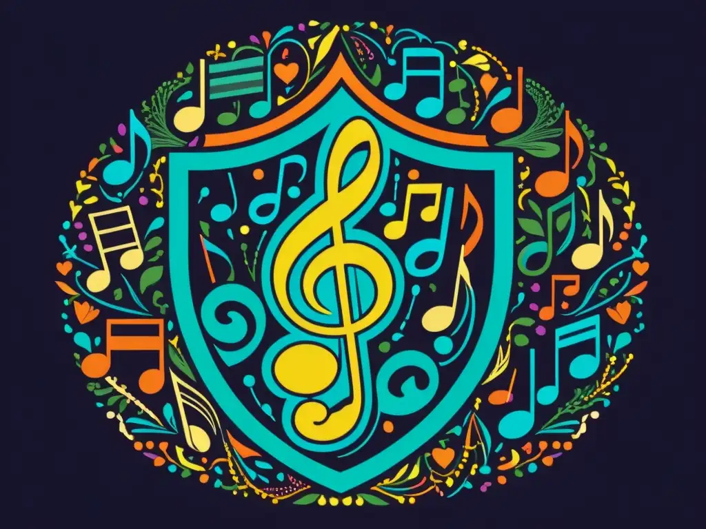 Vibrante ilustración moderna de una red de notas musicales y símbolos de copyright protegiendo a músicos y creadores