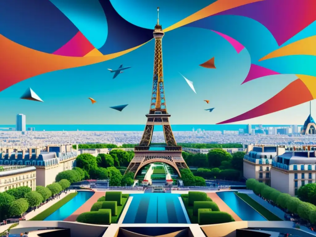 Vibrante ilustración moderna de la Torre Eiffel con símbolos de propiedad intelectual, representa la Convención de París protección propiedad industrial en colores dinámicos y movimiento innovador