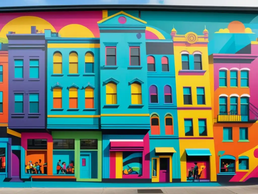 Vibrante mural de arte callejero que muestra una ciudad colorida y dinámica, con personajes llamativos y detalles intrincados