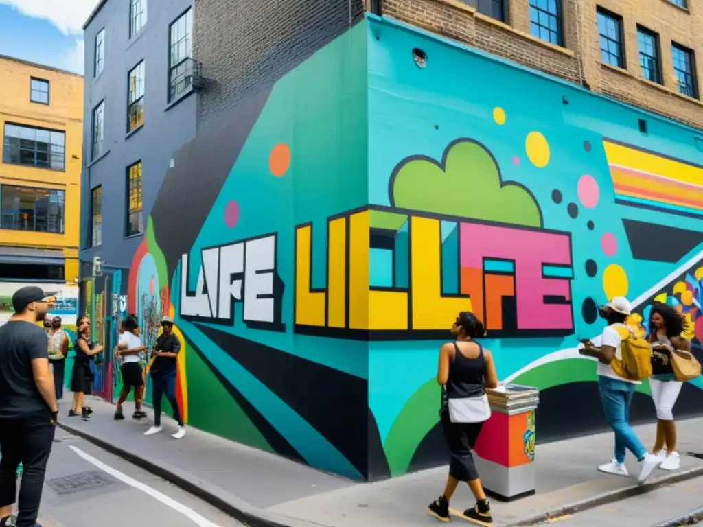 Un vibrante mural de arte callejero con una diversa gama de talentosos artistas pintando piezas gigantes en un callejón urbano bullicioso