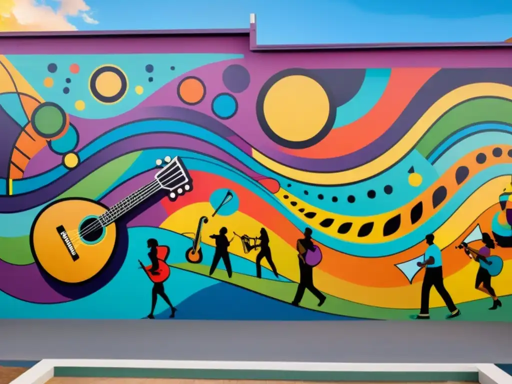 Un vibrante mural moderno con instrumentos musicales y patrones abstractos, en un festival con diversidad