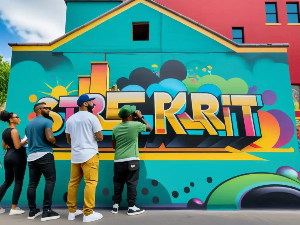 Un vibrante mural urbano muestra artistas urbanos firmando contratos de colaboración, creando arte callejero y graffiti