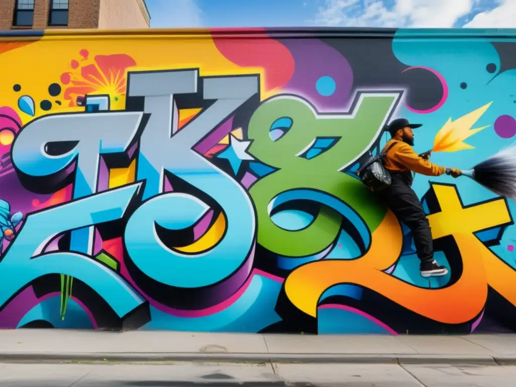 Vibrante mural urbano con artistas colaborando en graffiti, colores dinámicos y detalles intrincados
