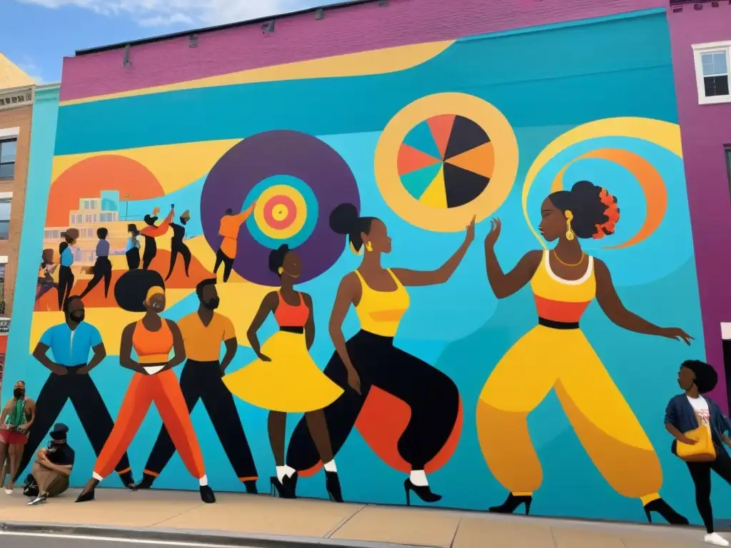 Un vibrante mural urbano muestra artistas diversos en performances artísticas, cautivando a la multitud