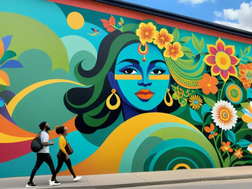 Un vibrante mural urbano con artistas de todo el mundo colaborando en una obra maestra